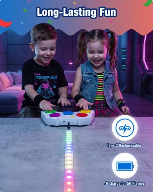 Ayyomo Music Pop‑Light Handheld Game, 2‑Mode Reaction Toy with LED Strip | Indoor Outdoor Reachargeable Electronic Toy, Birthday Gifts for Kids Age 5+, Boys Girls Adult, Party Game, STEM, Screen Free