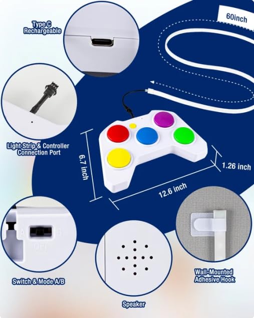 Ayyomo Music Pop‑Light Handheld Game, 2‑Mode Reaction Toy with LED Strip | Indoor Outdoor Reachargeable Electronic Toy, Birthday Gifts for Kids Age 5+, Boys Girls Adult, Party Game, STEM, Screen Free