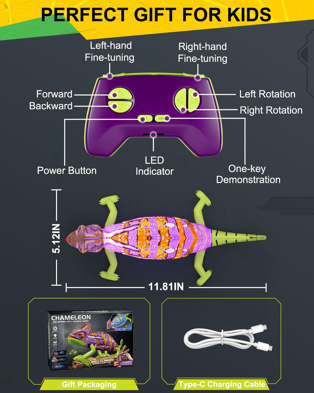 RC Wall Climbing Gecko, Remote Control Lizard Toys with Glowing LED Body