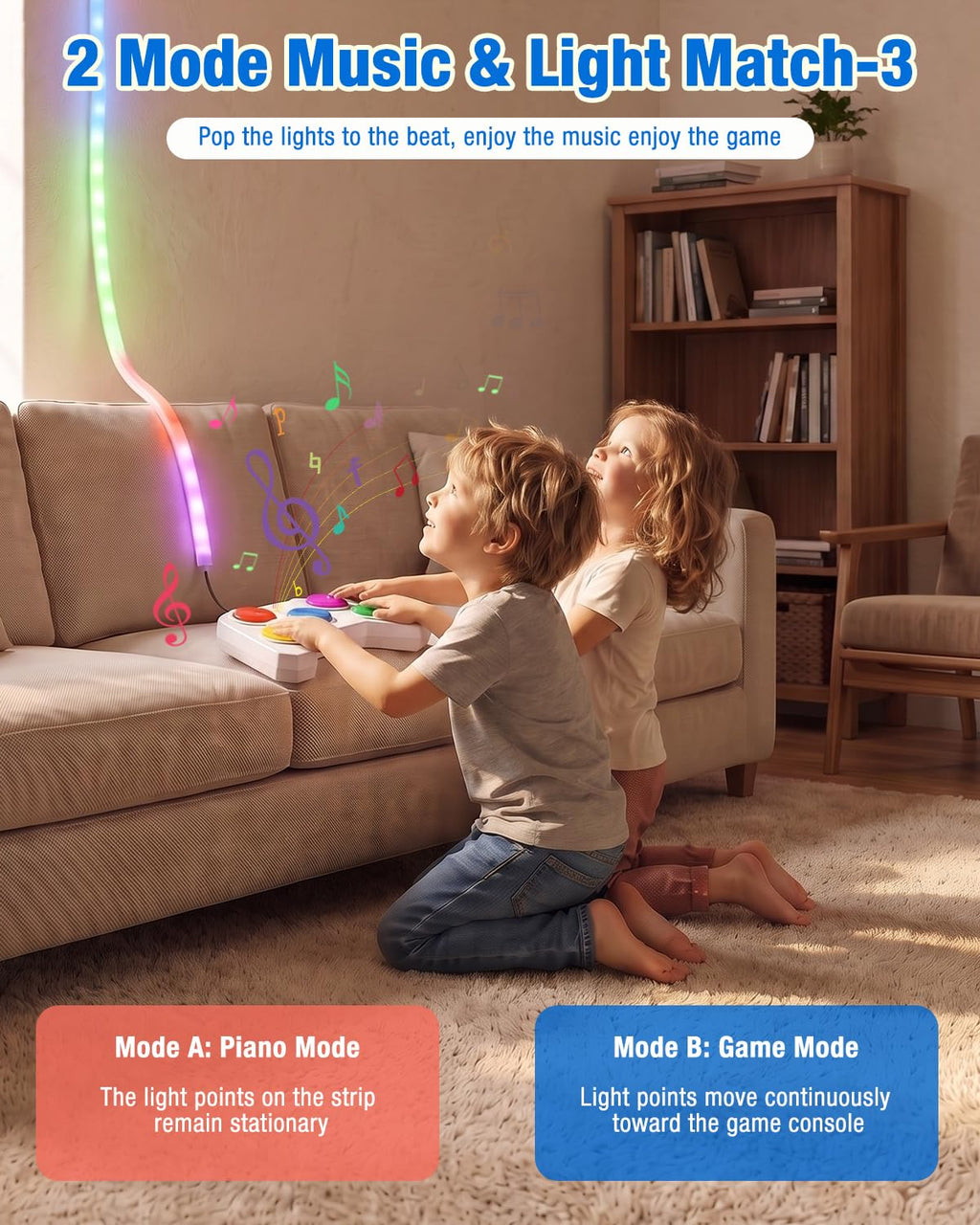 Ayyomo Music Pop‑Light Handheld Game, 2‑Mode Reaction Toy with LED Strip | Indoor Outdoor Reachargeable Electronic Toy, Birthday Gifts for Kids Age 5+, Boys Girls Adult, Party Game, STEM, Screen Free