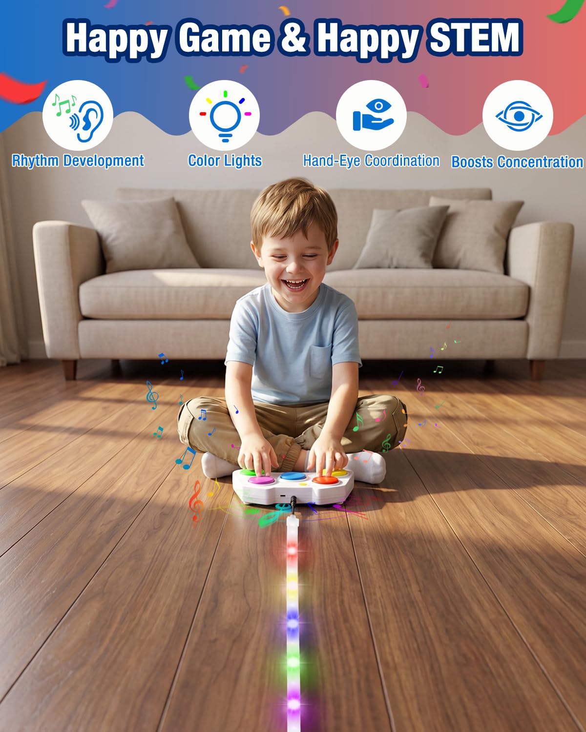 Ayyomo Music Pop‑Light Handheld Game, 2‑Mode Reaction Toy with LED Strip | Indoor Outdoor Reachargeable Electronic Toy, Birthday Gifts for Kids Age 5+, Boys Girls Adult, Party Game, STEM, Screen Free